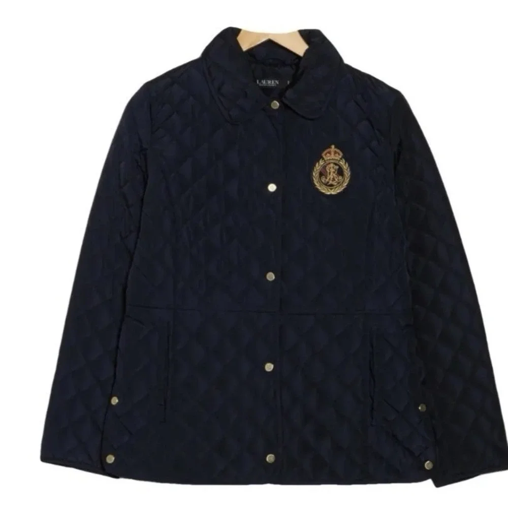 Lauren‎ Ralph Lauren Women's Quilted Black Snap Jacket Crest Logo L  Black Label